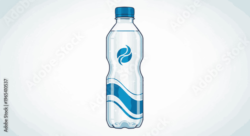 Clear plastic bottle filled with water, featuring blue abstract design