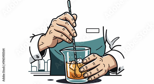 Close up illustration of a person mixing a beverage in a beaker with ice
