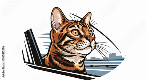 Close up of a Bengal cat's face looking out a window at a city