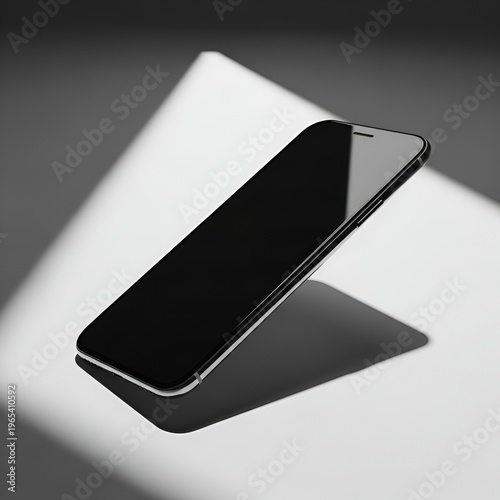 Sleek black smartphone floating in a minimalist studio setting, dramatic light creates geometric