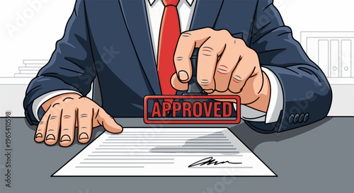 Close up of a hand in a suit stamping a document with an "APPROVED" stamp
