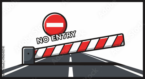 Closed road with a red and white striped barrier and a stop sign