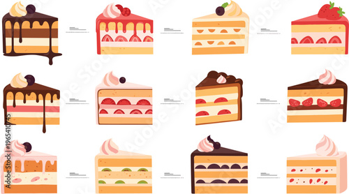 Delicious Cake Slices with Chocolate, Strawberry, and Fruit Fillings, Featuring Whipped Cream and Drizzled Chocolate, Ideal for Bakery and Dessert Graphics