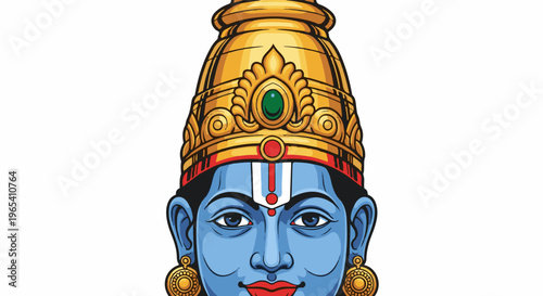 Close-up illustration of a blue-faced figure in a golden headdress