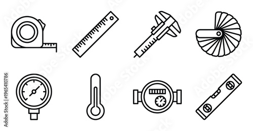 Set of eight outline icons for plumbing measurement tools used in installation and repair