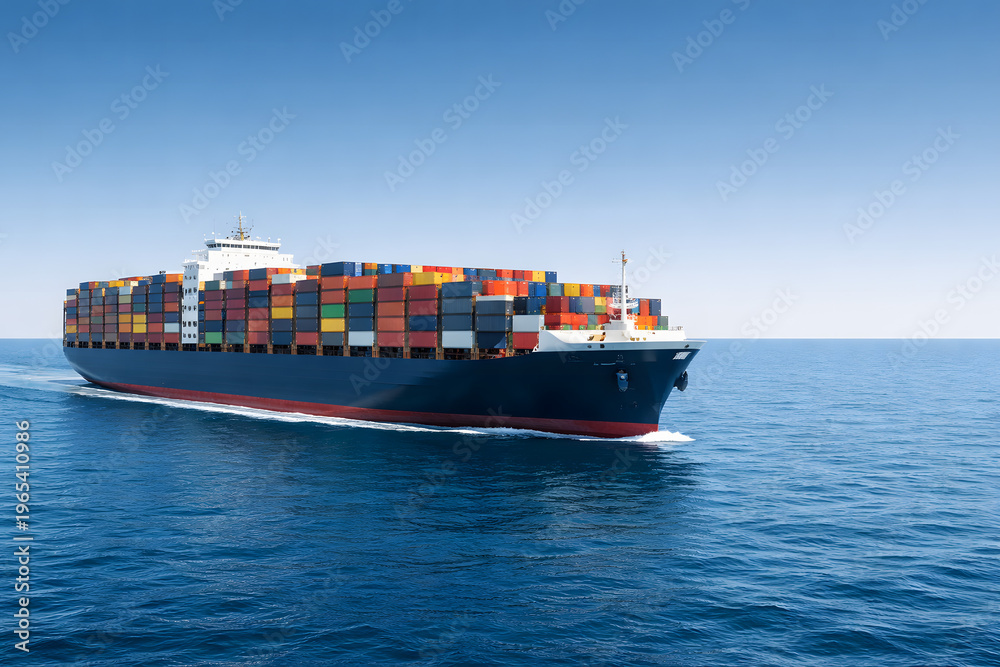 Fototapeta premium Large cargo container ship sailing in the deep blue ocean, global logistics and international maritime trade concept.