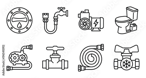 Set of eight plumbing equipment and fixture outline icons for water systems and installations