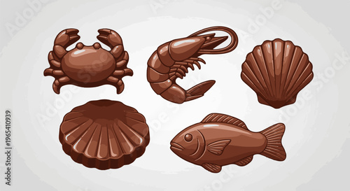 Chocolate molded seafood and shells on a light background