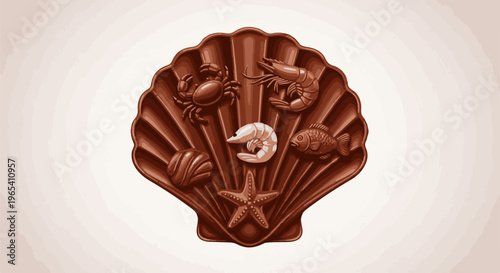 Chocolate seashell filled with assorted seafood and starfish imprints