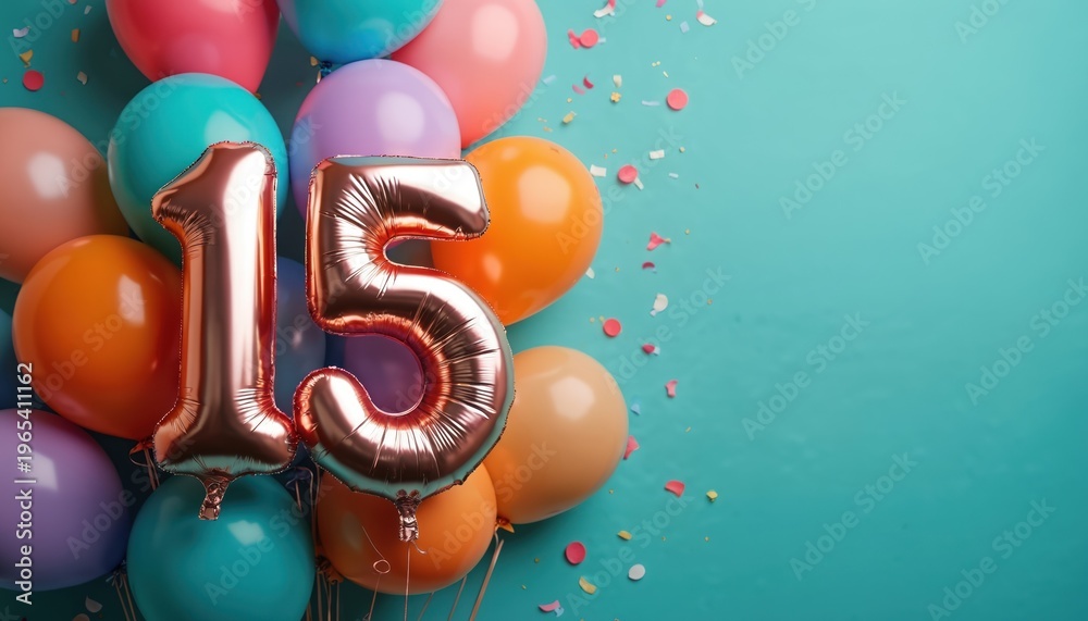 Fototapeta premium Colorful balloons and confetti celebrate number 15. Rose gold foil numbers mark a milestone age. Festive background for birthdays anniversaries and parties.