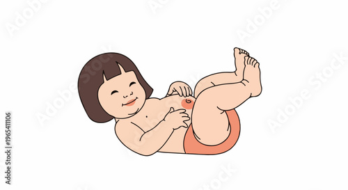 Chubby toddler with brown hair, wearing orange diaper, on white background