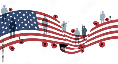 American flag waving with soldier silhouettes and poppy flowers on white background symbolizing patriotism and remembrance