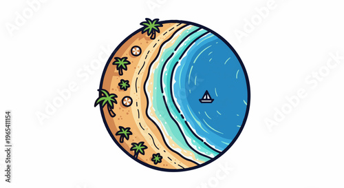 Circular aerial view of a tropical beach with palm trees and a sailboat