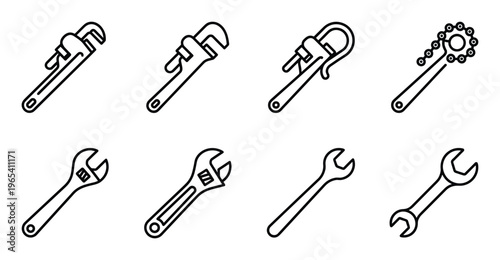 Set of eight plumbing wrenches in outline style isolated on transparent background