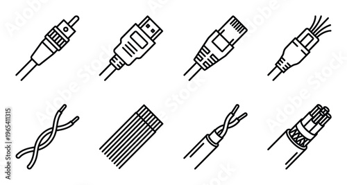 Set of electrical and network cables including coaxial, hdmi, ethernet, fiber optic, and usb