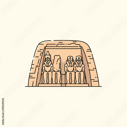 A simplified vector illustration shows three monumental seated statues within a stone structure against a cream background