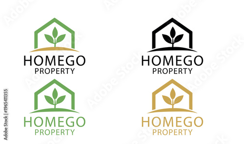 Eco-friendly real estate logo set with house and leaf icons, sustainable property branding collection, green home and garden business identity vectors