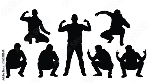 Diverse silhouettes demonstrating various martial arts and defensive postures. Vector