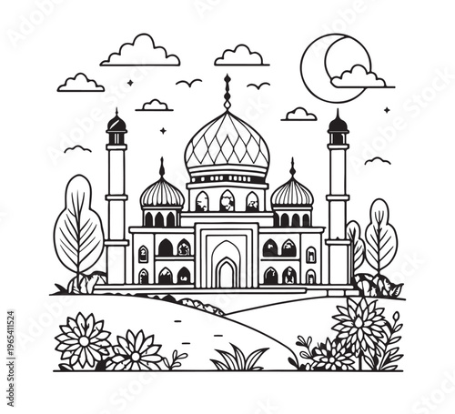 Beautiful Taj Mahal illustration featuring Mughal architecture, iconic landmark with minarets and dome, set against a landscape with trees and flowers under a moonlit sky