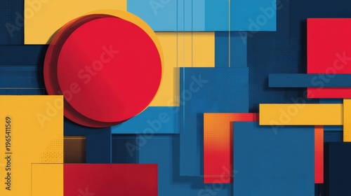 Colorful shapes and bold patterns in an abstract design on a blue background