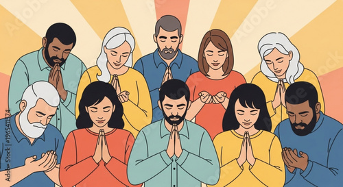 Diverse group of people praying together with hands clasped in front of face eyes closed in a moment of silence and contemplation with a warm sunburst background