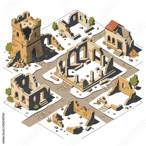 vector isometric of badly damaged buildings after the war 4