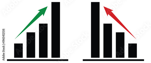 Financial Bar Charts with Green Rising and Red Falling Arrows Representing Stock Market Trends Economic Success Growth Loss Risks and Data Analysis.