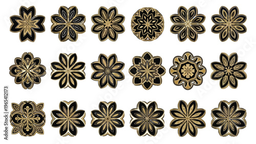 Intricate geometric patterns of stylized flowers with varying petal designs and shading Vector