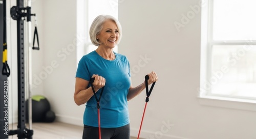 Senior woman exercising with resistance bands in a modern gym