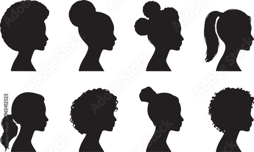 Set of silhouette afro girl. Collection of black woman face with stylized hairstyle. Vector illustration of girl head with stylized haircut