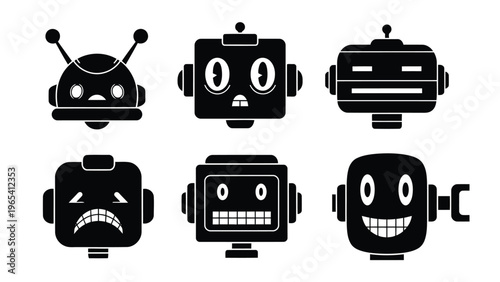 Six expressive robot faces displaying a range of emotions in a stylized format Vector