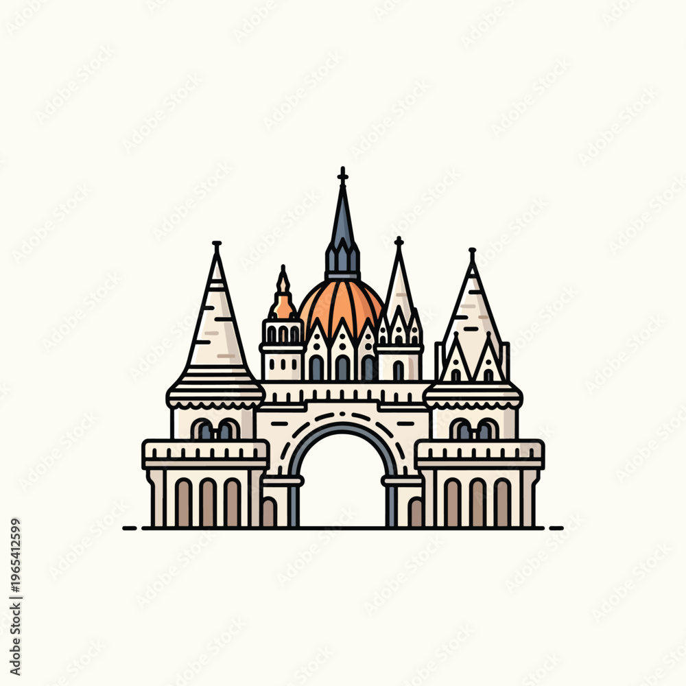 Fototapeta premium A symmetrical architectural illustration, showcasing a building with a central arched entrance, ornate towers, and a domed roof. It is rendered in a clean, colorful style