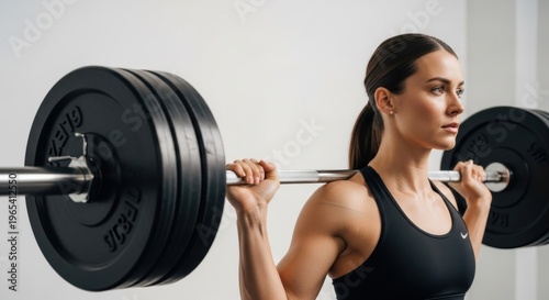 Focused woman lifting heavy barbell weights in gym