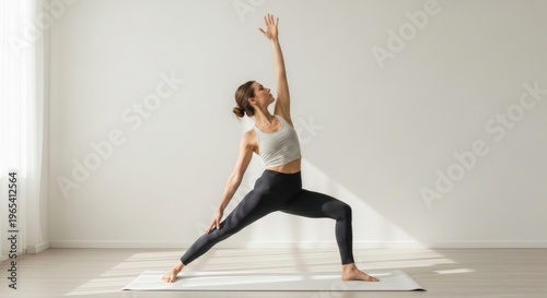 Woman in Warrior II yoga pose on a mat in a bright room