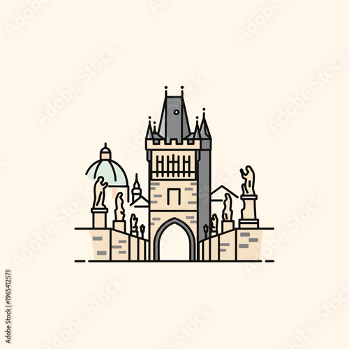 A stylized illustration features a bridge archway, tower, statues, and a dome in a minimalist, vector design on a cream-colored background