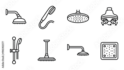 Set of shower heads and shower accessories isolated on transparent background vector line art