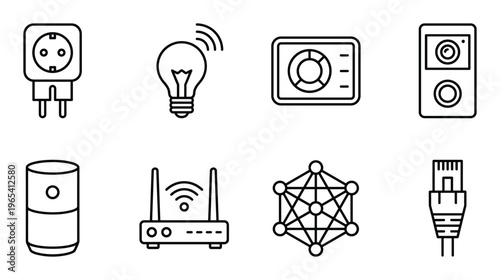 Set of smart home and network devices including smart plug, light bulb, control panel