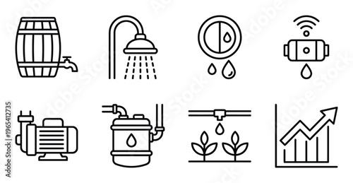 Set of water management and irrigation icons, including barrel, shower, pump, and smart system
