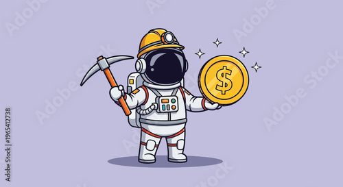 Astronaut Miner Holding Gold Coin and Pickaxe Vector Illustration.