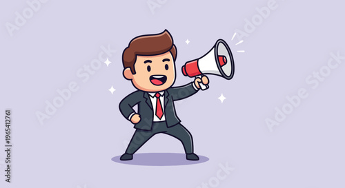 Businessman holding megaphone making announcement.