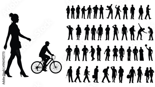 Silhouettes of people engaging in various daily activities and modes of transportation Vector