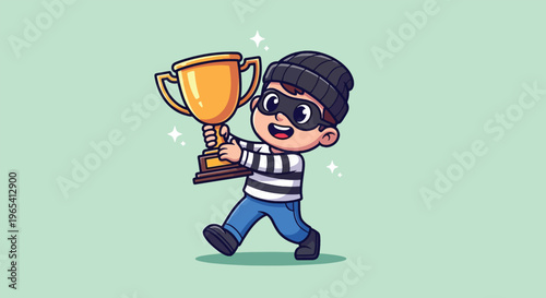 Cartoon Thief Stealing a Golden Trophy.