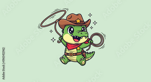Cute Alligator Cowboy with Lasso Cartoon Illustration.