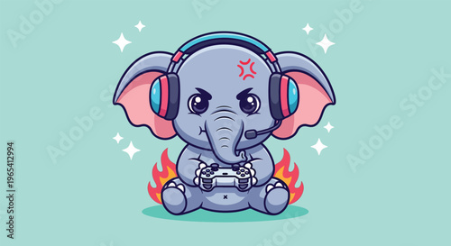 Cute Angry Elephant Gamer with Headphones and Controller.