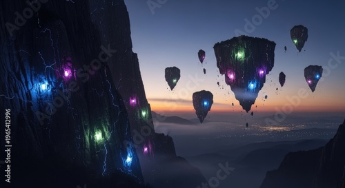 Floating Islands Illuminated by Colorful Lights at Dusk.
