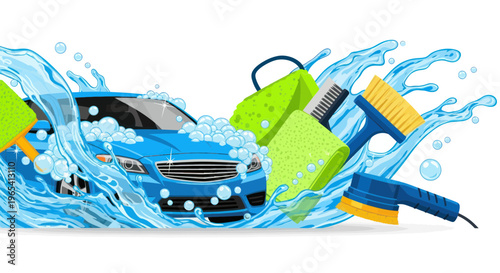 Blue Car Wash Service with Soap Bubbles, Water Splash, Brushes and Sponges
