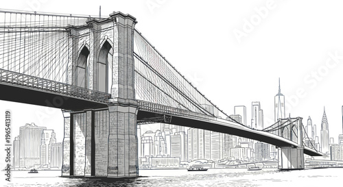 Brooklyn Bridge Sketch with New York City Skyline Illustration