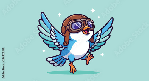 Cute Blue Bird Wearing Aviator Hat Flying Cartoon Vector Icon Illustration.