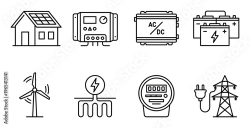 Solar energy and renewable power icons including panels wind turbines and electrical grid components