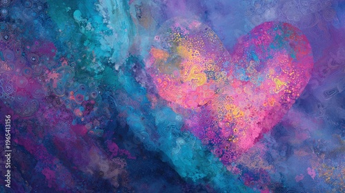 Colorful heart shape with swirls in bright blue and pink shades on canvas
